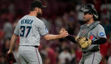 Miami Marlins pitcher Anthony Bender (left) and catcher Nick Fortes (right) celebrate after winning a game against the Reds in Cincinnati on Monday, July 7, 2025. Fortes was traded to the Rays on Tuesday. (AP Photo/Carolyn Kaster)