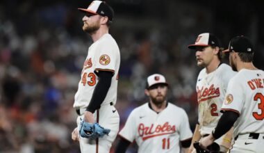 Baltimore Orioles relief pitcher Bryan Baker (43) leaves the mound in a pitching substitution after giving up four runs during the eighth inning of a baseball game against the New York Mets, Tuesday, July 8, 2025, in Baltimore. (AP Photo/Stephanie Scarbrough)