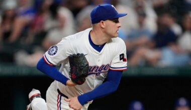 Texas Rangers starting pitcher Patrick Corbin follows through on his delivery to the Los Angeles Angels in the seventh inning of a baseball game, Tuesday, Aug. 26, 2025, in Arlington, Texas. (AP Photo/Tony Gutierrez)