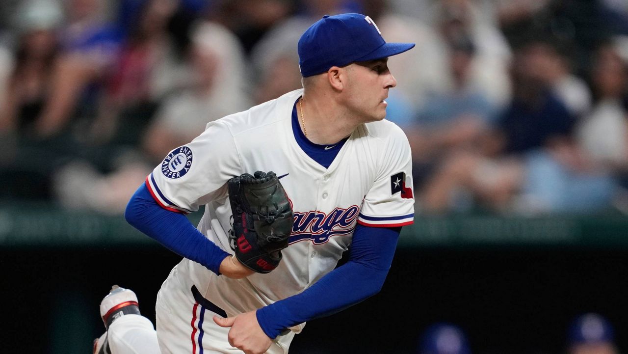 Texas Rangers starting pitcher Patrick Corbin follows through on his delivery to the Los Angeles Angels in the seventh inning of a baseball game, Tuesday, Aug. 26, 2025, in Arlington, Texas. (AP Photo/Tony Gutierrez)