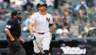 New York Yankees' Giancarlo Stanton reacts after hitting a home run in the first inning of a baseball game against the Tampa Bay Rays, Thursday, July 31, 2025, in New York. (AP Photo/Heather Khalifa)