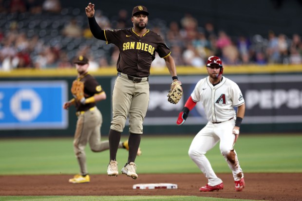 Xander Bogaerts #2 of the San Diego Padres reacts after completing a double play to end the sixth inning against the Arizona Diamondbacks at Chase Field on Aug. 05, 2025 in Phoenix, Arizona. (Photo by Chris Coduto/Getty Images)