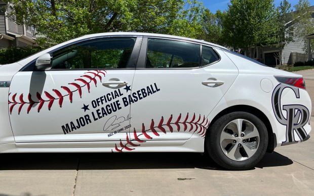 Emily Sauvageau's car is wrapped in Rockies decals, including Larry Walker's signature as well as Walker and Helton's Hall of Fame emblems. (Courtesy of Emily Sauvageau)