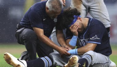 Rays' Jonathan Aranda collides with Giancarlo Stanton and exits game with wrist injury