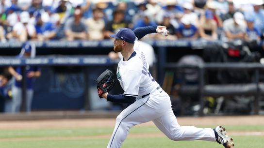 Tampa Bay Rays starting pitcher Drew Rasmussen (57) throws a pitch against the Los Angeles Dodgers during the second inning at George M. Steinbrenner Field. Tampa Bay Rays starting pitcher Drew Rasmussen (57) throws a pitch against the Los Angeles Dodgers during the second inning at George M. Steinbrenner Field.