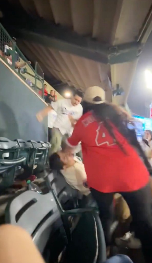 A man in a Mike Trout jersey is assaulted by two other men at a baseball game.