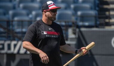 Cleveland Guardians manager Stephen Vogt watches his team before a baseball game against the Detroit Tigers, Sunday, July 6, 2025, in Cleveland. (AP Photo/Phil Long)