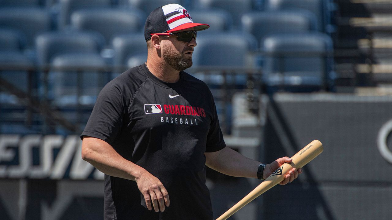 Cleveland Guardians manager Stephen Vogt watches his team before a baseball game against the Detroit Tigers, Sunday, July 6, 2025, in Cleveland. (AP Photo/Phil Long)