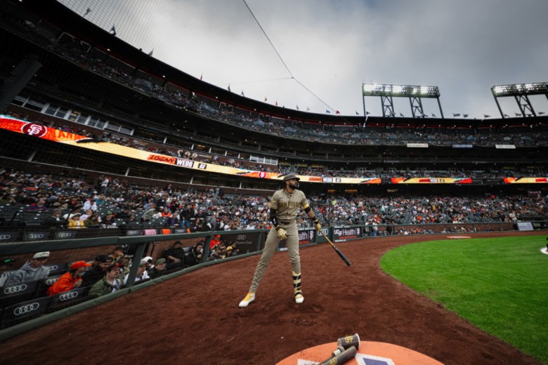 Padre Fernando Tatis Jr. on deck at Oracle Park in San Francisco.