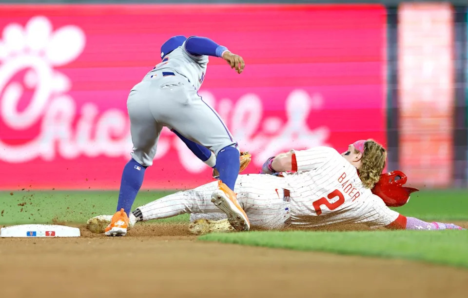 Francisco Lindor of the New York Mets tags out Harrison Bader of the Philadelphia Phillies trying to steal second base during the fourth inning. Corey Sipkin for the NY POST
