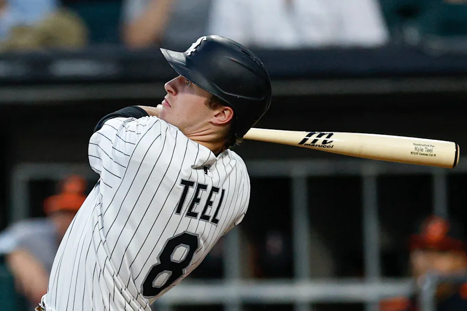 Sep 16, 2025; Chicago, Illinois, USA; Chicago White Sox catcher Kyle Teel (8) hits a two-run home run against the Baltimore Orioles during the first inning at Rate Field. Mandatory Credit: Kamil Krzaczynski-Imagn Images