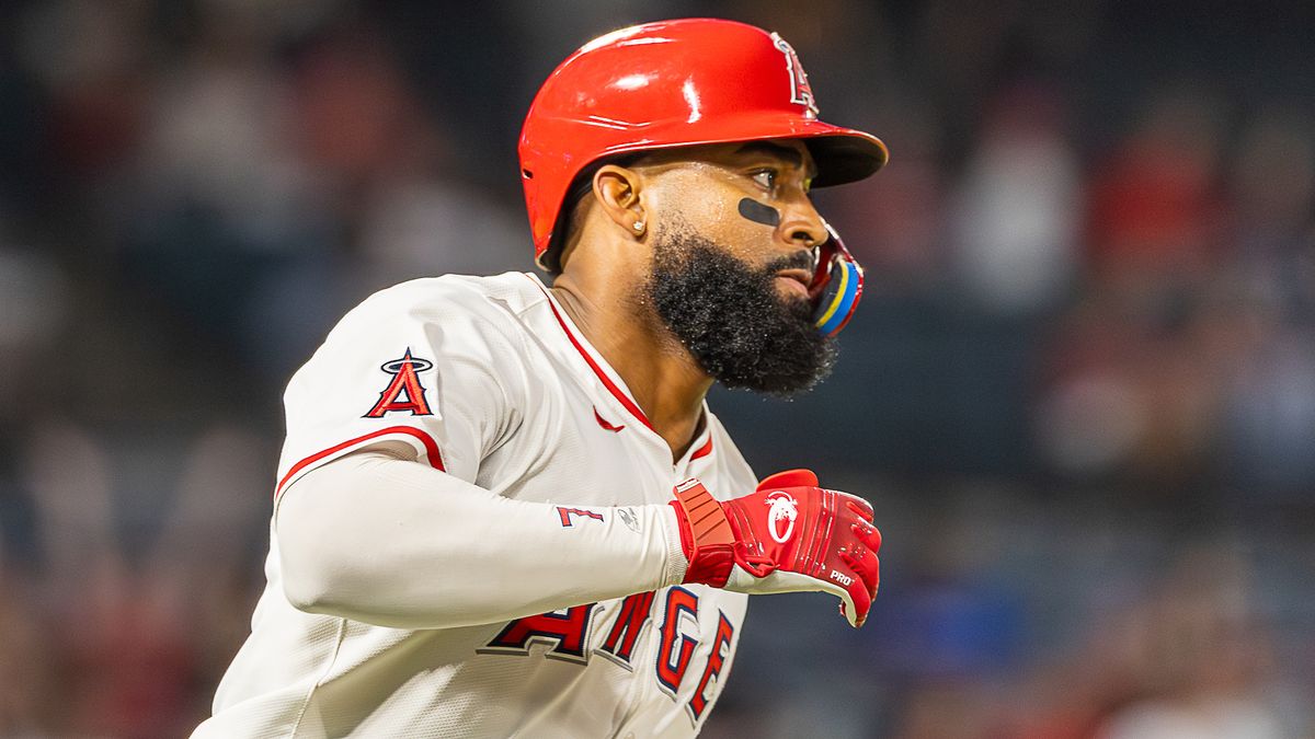 Jo Adell #7 of the Los Angeles Angels after his home run against the Kansas City Royals at the Angels Stadium on September 25, 2025 in Anaheim, California.