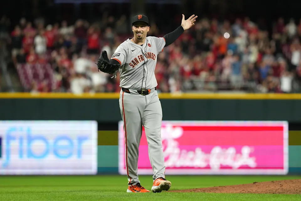 Blake Snell of the San Francisco Giants celebrates his first career no-hitter after the game against the Cincinnati Reds at Great American Ball Park, Aug. 2.