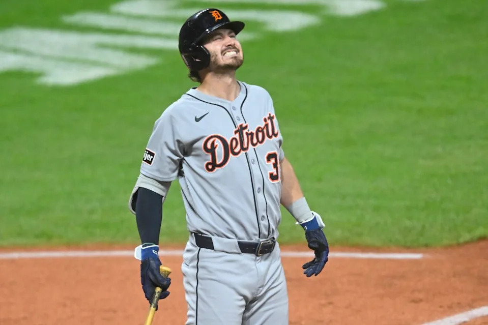 Detroit Tigers third baseman Zach McKinstry (39) reacts after he was hit by a pitch in the sixth inning against the Cleveland Guardians at Progressive Field. David Richard-Imagn Images