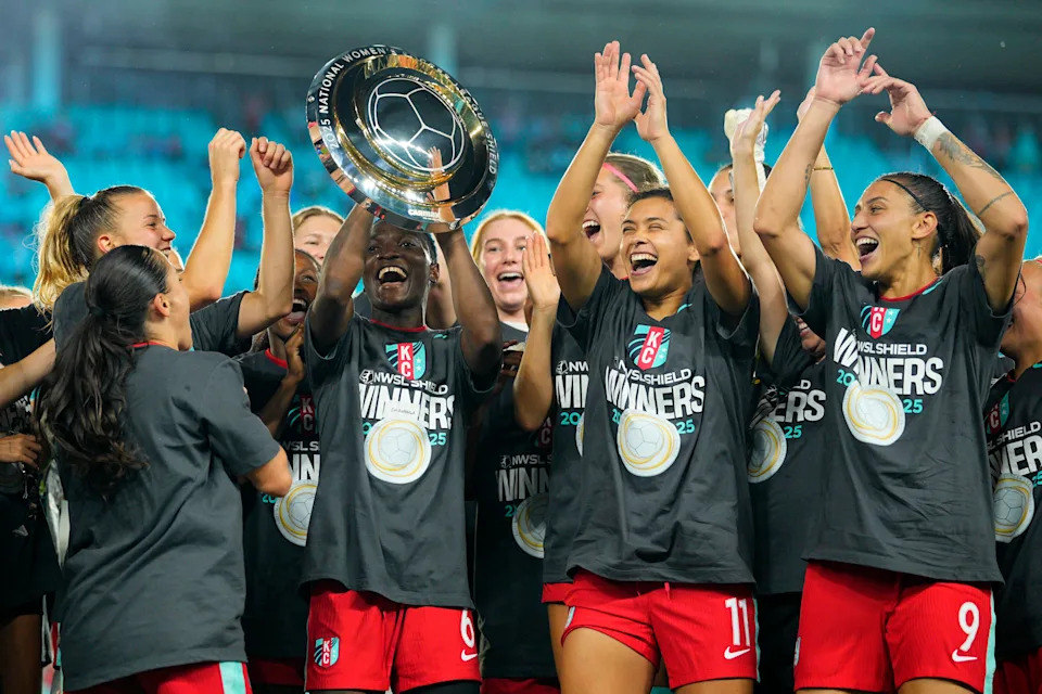 KC celebrates winning the Shield on Saturday. (Jay Biggerstaff/NWSL via Getty Images)