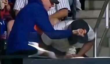 The older fan, in blue, and the younger fan, in white, are seen scrambling for the ball