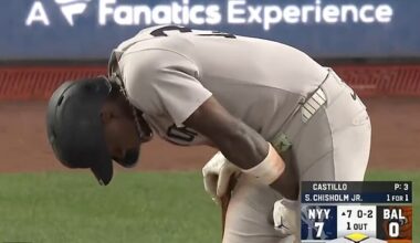 Jazz Chisholm was left in agony after fouling a ball into his private area on Thursday