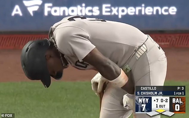 Jazz Chisholm was left in agony after fouling a ball into his private area on Thursday