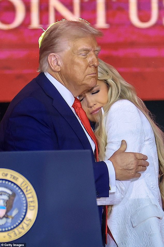 Charlie's widow Erika Kirk joins President Donald Trump onstage during Sunday's service
