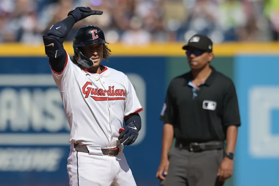 Sep 14, 2025; Cleveland, Ohio, USA; Cleveland Guardians catcher Bo Naylor (23) celebrates after hitting an RBI double against the Chicago White Sox during the fourth inning at Progressive Field. Mandatory Credit: Ken Blaze-Imagn Images