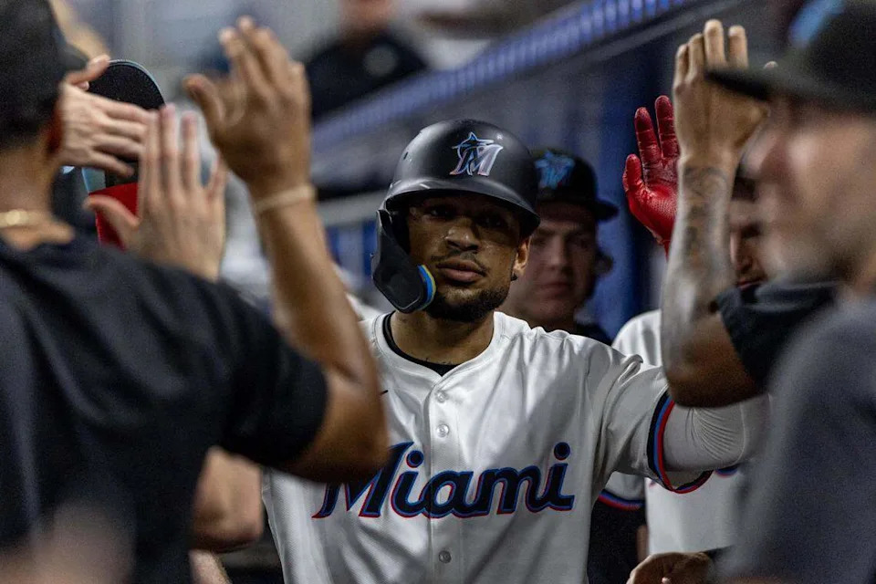 Miami Marlins outfielder Victor Mesa Jr. (10) reacts to scoring a run during the ninth inning of an MLB game against the Washington Nationals at loanDepot park on Tuesday, September 9, 2025, in Miami, Fla.