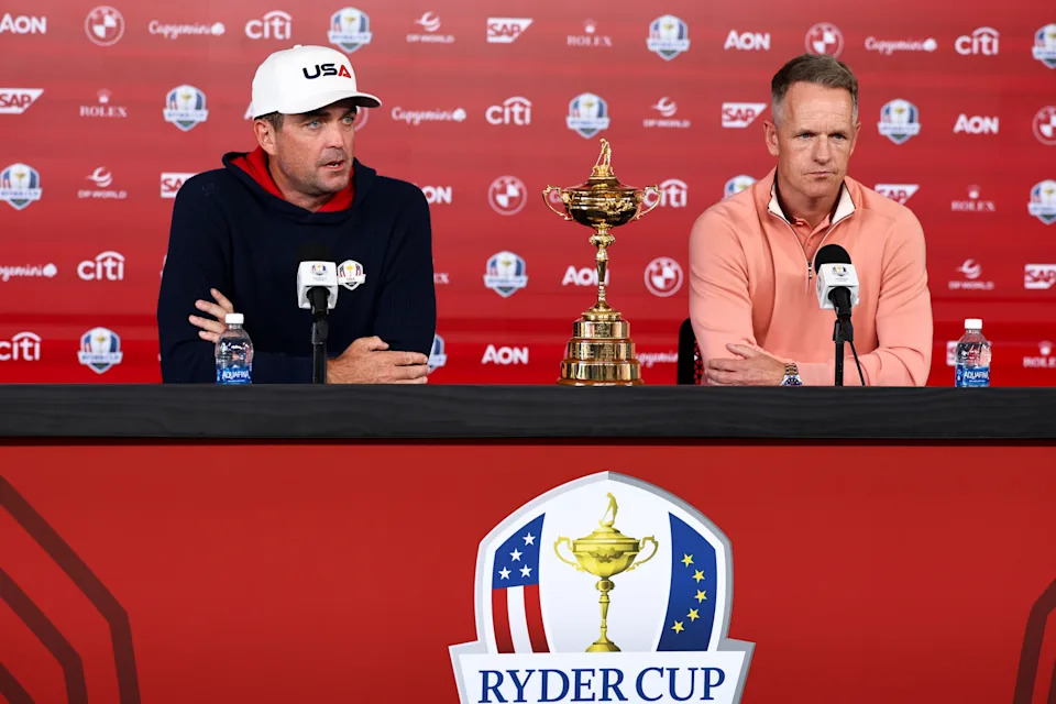 Keegan Bradley (USA captain) and Luke Donald (Europe captain) speak with the media on Monday. (Jared C. Tilton/Getty Images)
