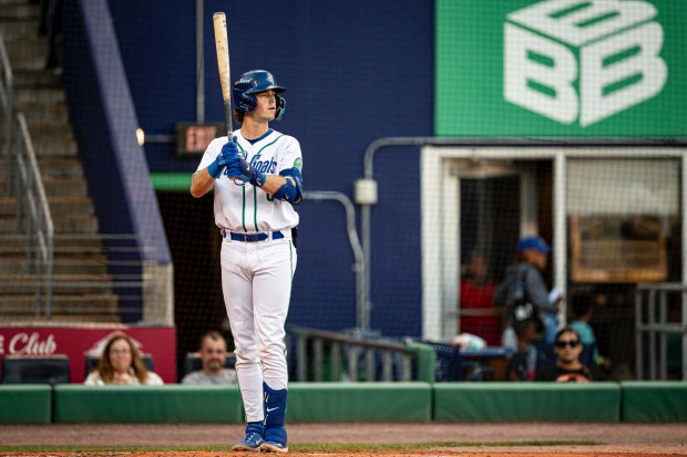 Hartford Yard Goats first baseman Charlie Condon steps to the plate during a game this season for the Rockies' Double-A team. (Photo courtesy of Ryan DeSantis, Hartford Yard Goats)
