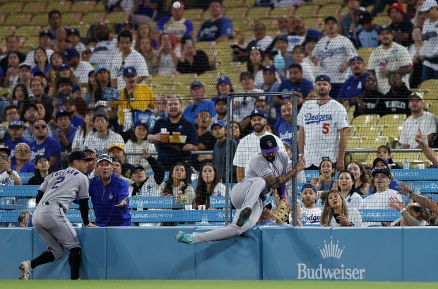 Colorado Rockies first baseman Warming Bernabel runs into the netting...
