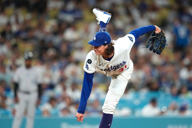 Dodgers starting pitcher Tyler Glasnow throws to the plate during...