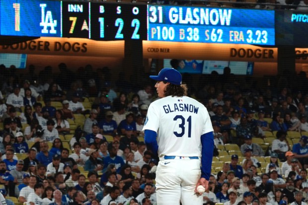 Dodgers starting pitcher Tyler Glasnow prepares to throw to the...
