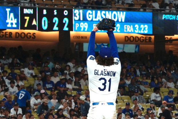Dodgers starting pitcher Tyler Glasnow prepares to throw to the...