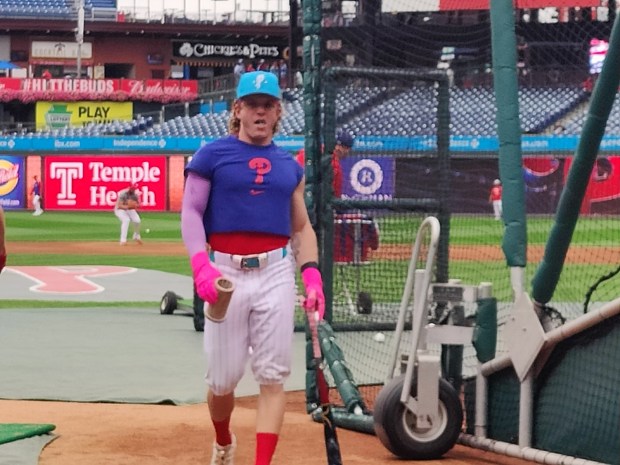 Philadelphia Phillies outfielder Harrison Bader waits his turn by the cage during on-field batting practice before a game against the New York Mets on Wednesday, Sept. 10, 2025, at Citizens Bank Park. (MediaNews Group)