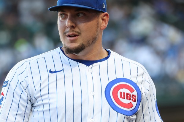 Cubs reliever Brad Keller heads to the dugout after throwing against the Braves in the ninth inning at Wrigley Field on Sept. 1, 2025, in Chicago. (John J. Kim/Chicago Tribune)