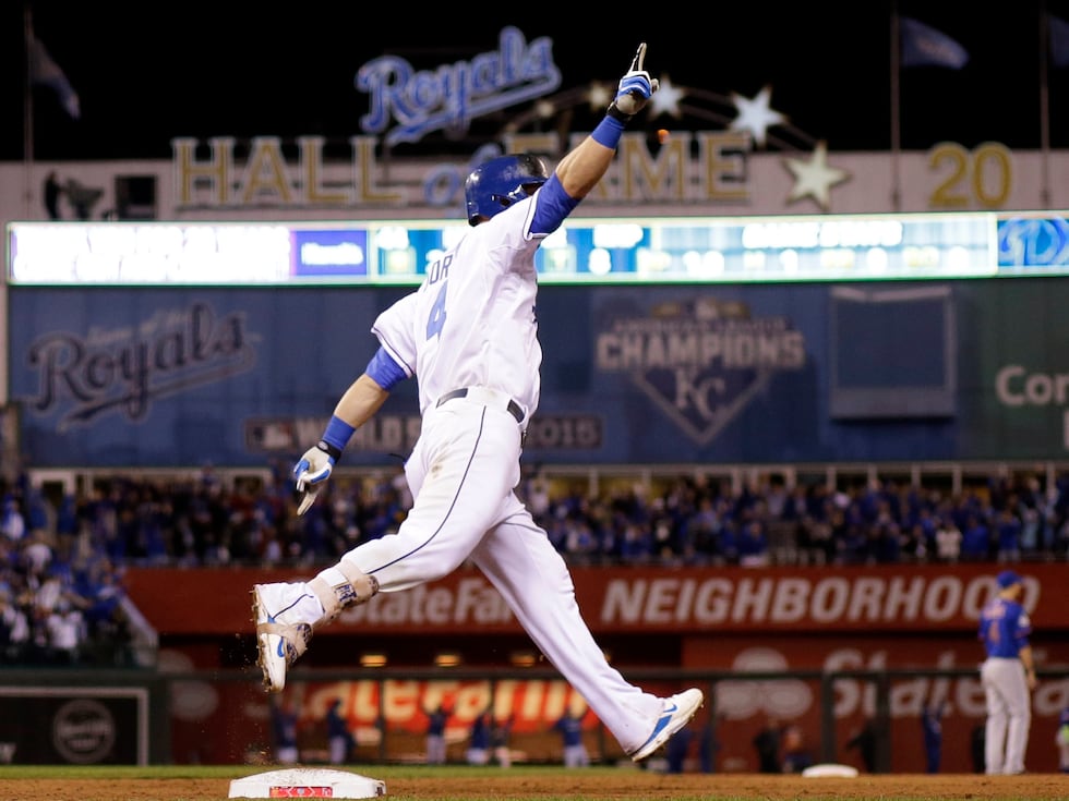 FILE - Kansas City Royals' Alex Gordon reacts after hitting a home run during the ninth inning...