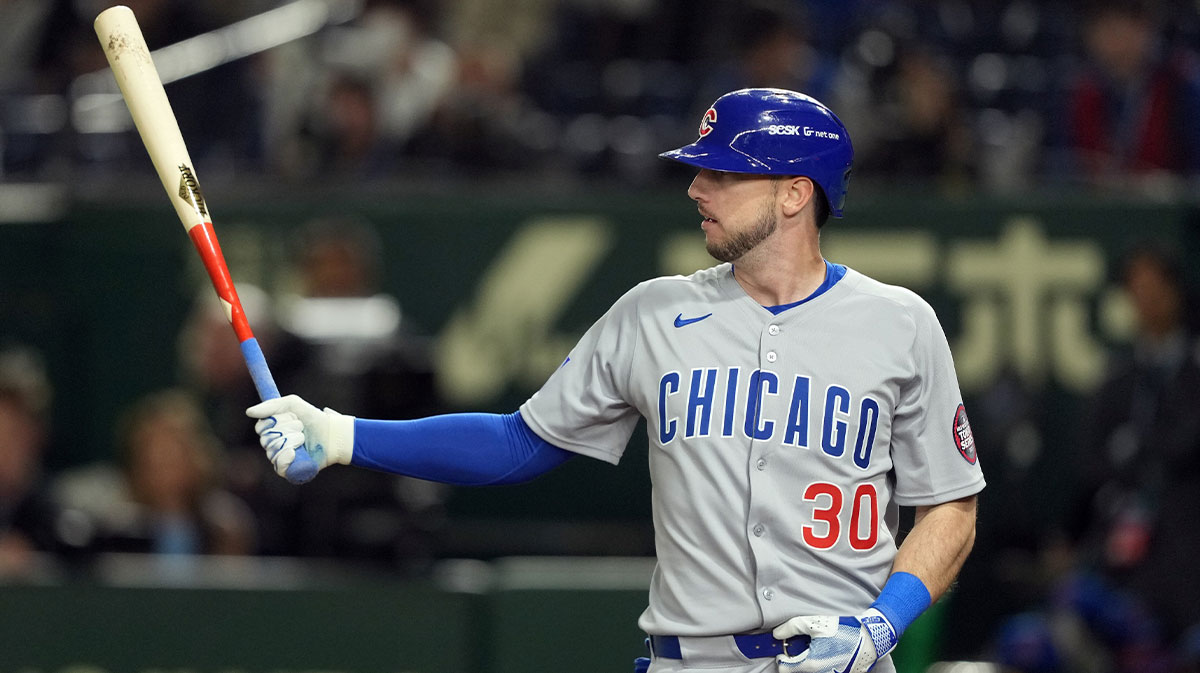 Chicago Cubs right fielder Kyle Tucker (30) bats against the Los Angeles Dodgers during the ninth inning during the Tokyo Series at Tokyo Dome.