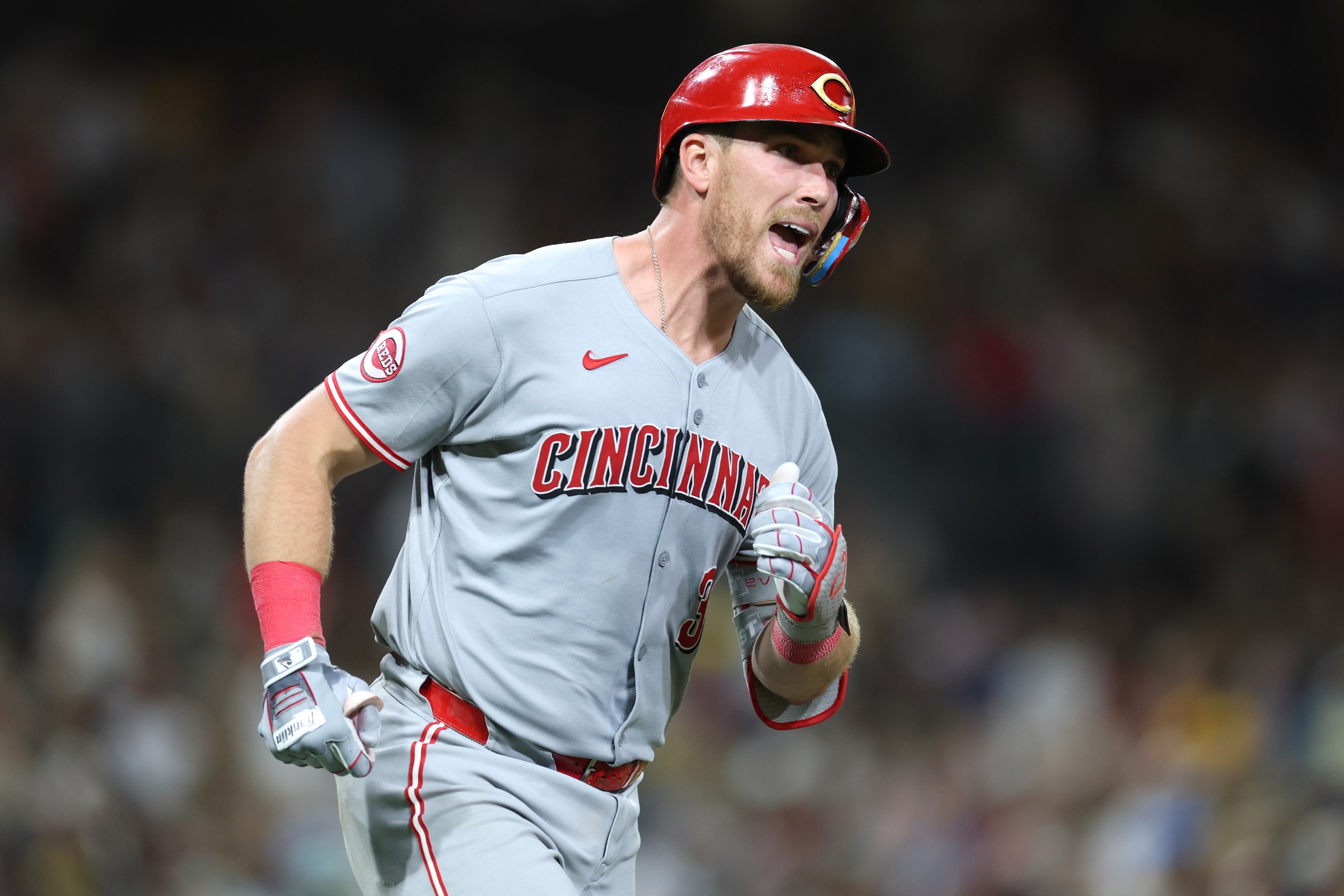 SAN DIEGO, CALIFORNIA - SEPTEMBER 09: Tyler Stephenson #37 of the Cincinnati Reds reacts after hitting a two run homerun during the ninth inning of a game against the San Diego Padres at Petco Park on September 09, 2025 in San Diego, California. (Photo by Sean M. Haffey/Getty Images)