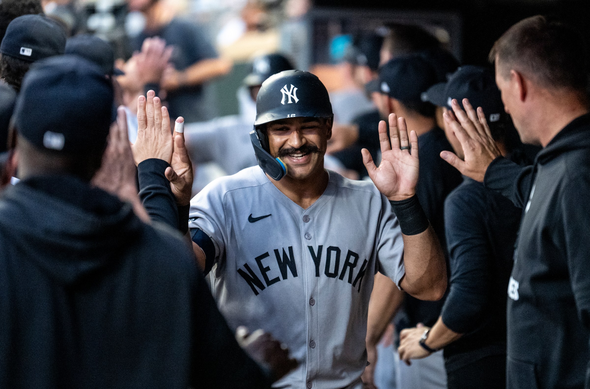 MINNEAPOLIS, MINNESOTA - SEPTEMBER 16: Trent Grisham #12 of the New York Yankees celebrates his two-run home run against the Minnesota Twins in the second inning at Target Field on September 16, 2025 in Minneapolis, Minnesota. (Photo by Stephen Maturen/Getty Images)