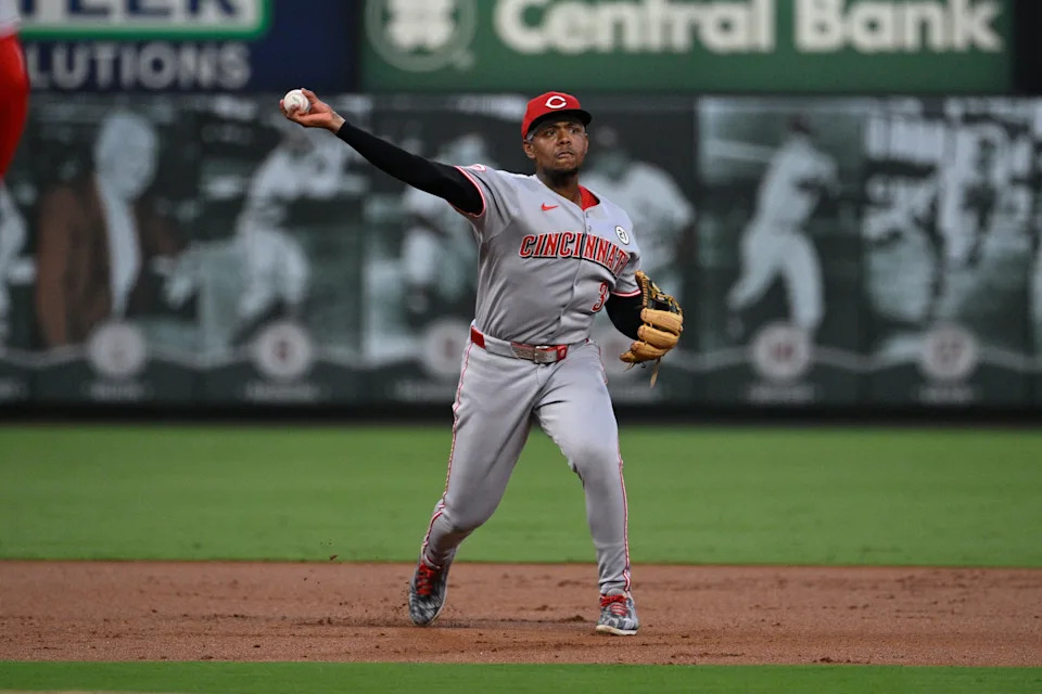 Sep 15, 2025; St. Louis, Missouri, USA; Cincinnati Reds third baseman Ke'Bryan Hayes (3) throws out St. Louis Cardinals left fielder Alec Burleson (not pictured) at first base in the first inning at Busch Stadium.