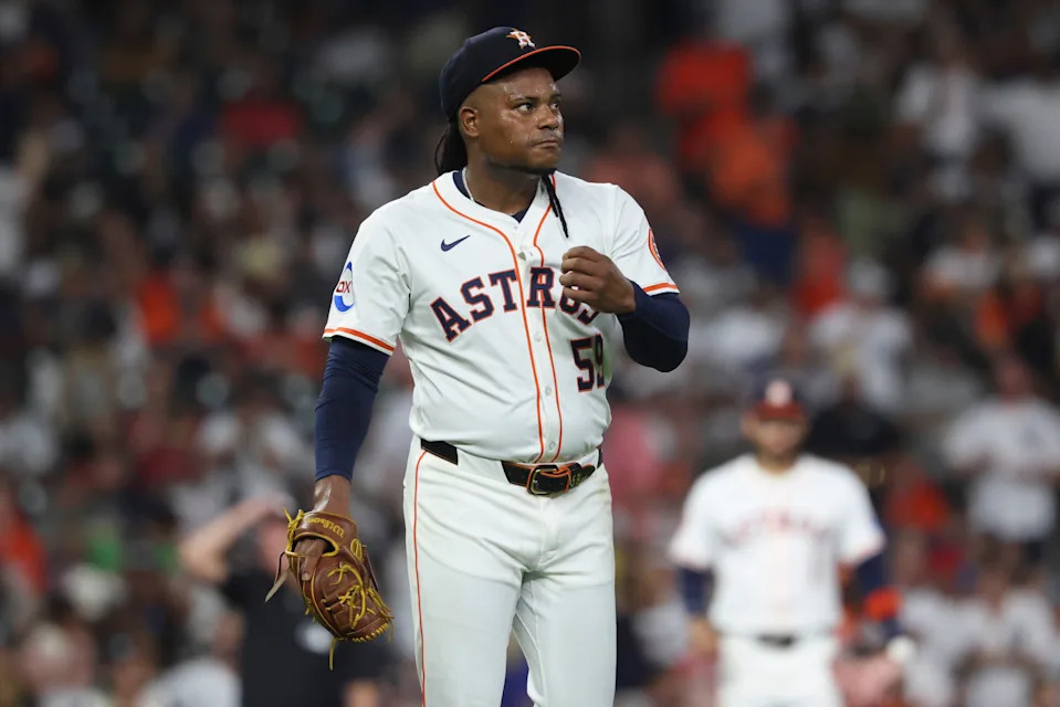 Sep 2, 2025; Houston, Texas, USA; Houston Astros starting pitcher Framber Valdez (59) reacts after giving up a grand slam to New York Yankees center fielder Trent Grisham (not pictured) during the fifth inning at Daikin Park. Mandatory Credit: Troy Taormina-Imagn Images