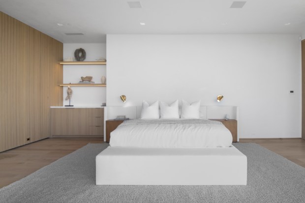 Master bedroom in white and bamboo.