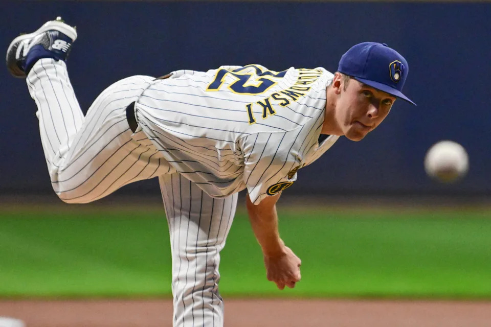Sep 13, 2025; Milwaukee, Wisconsin, USA; Milwaukee Brewers starting pitcher Jacob Misiorowski (32) throws against the St. Louis Cardinals in the first inning at American Family Field. Mandatory Credit: Benny Sieu-Imagn Images