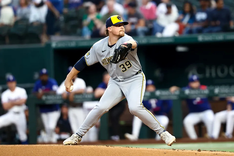 Sep 9, 2025; Arlington, Texas, USA; Milwaukee Brewers starting pitcher Chad Patrick (39) throws during the first inning against the Texas Rangers at Globe Life Field. Mandatory Credit: Kevin Jairaj-Imagn Images