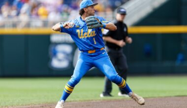 Roch Cholowsky (1) UCLA Bruins vs LSU Tigers in the continuation game eight of the 2025 NCAA Men’s College World Series at Charles Schwab Field in Omaha, Nebraska on Tuesday, June 17, 2025 (Photo by Eddie Kelly/ ProLook Photos)