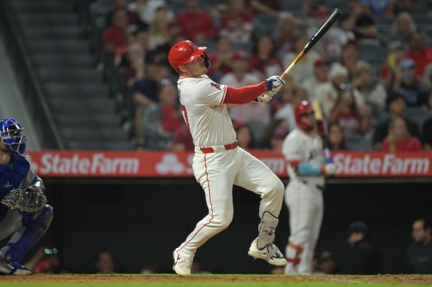 Angels star Mike Trout hits a two-run home run during...