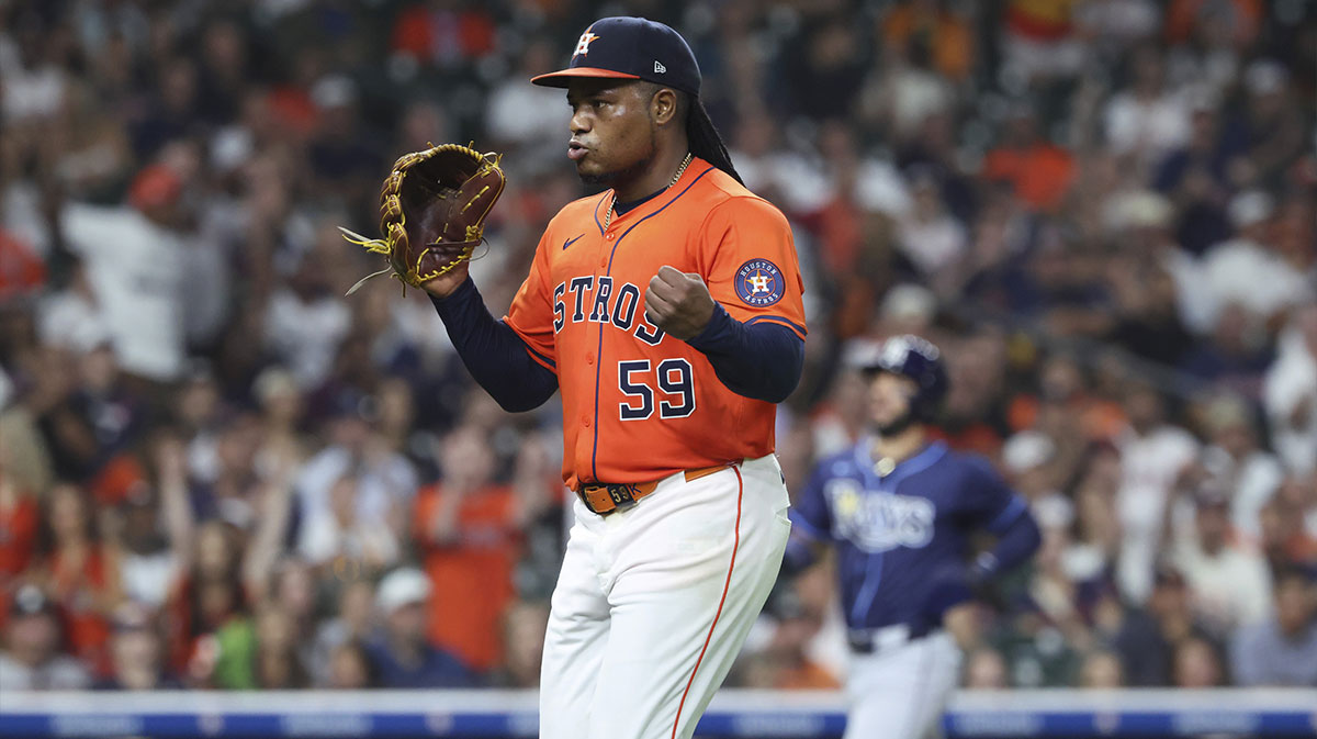 Houston Astros starting pitcher Framber Valdez (59) reacts after pitching during the ninth inning against the Tampa Bay Rays.