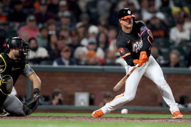 San Francisco Giants' Matt Chapman (26) strikes out for the last out of their 3-1 loss to the Pittsburgh Pirates in the ninth inning of their MLB game at Oracle Park in San Francisco, Calif., on Tuesday, July 29, 2025. (Ray Chavez/Bay Area News Group)