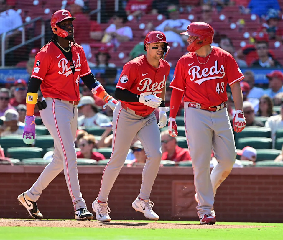 Elly De La Cruz, here scoring on a three-run Spencer Steer homer, was moved down in the order and responded during a game against the Cardinals Sept. 15. doubling and walking twice. The Reds won six of their next seven games.