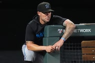 FILE - Miami Marlins manager Skip Schumaker looks on during the eighth inning of a baseball...