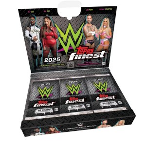 2025 Topps Finest WWE Hobby Box mockup featuring WWE superstars on the packaging