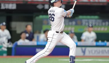 ７回２死一、三塁、逆転の中越え３ラン本塁打を打つネビン（カメラ・岡野　将大）